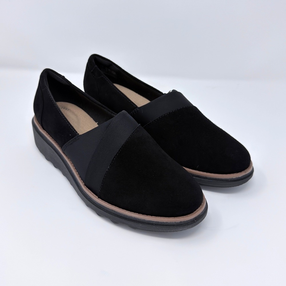 Clarks Sharon Pump Black Suede Wedge Loafers Womens 5.5M Slip On Shoes